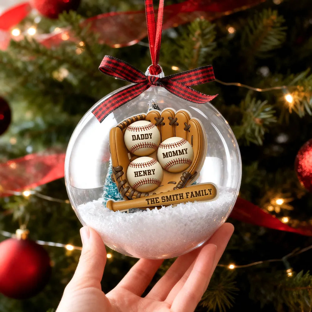 Snow Globe Ornament with Baseball Glove & Softball, Custom Family Keepsake for the Tree, Unique Holiday Gift for Sports Fans