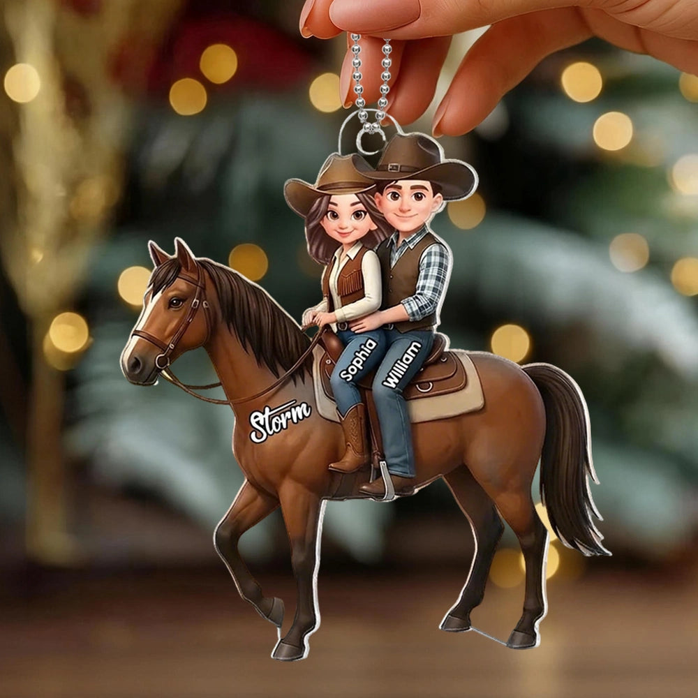 Personalized Acrylic Car Hanger Cute Cartoon Couple Riding a Horse, Unique Car Mirror Decor Gift for Horse Lovers