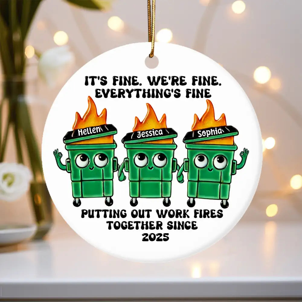 Personalized Ceramic Ornament with Funny Dumpster Fire Characters, Unique Coworker Gift for Office Friends & Work Besties