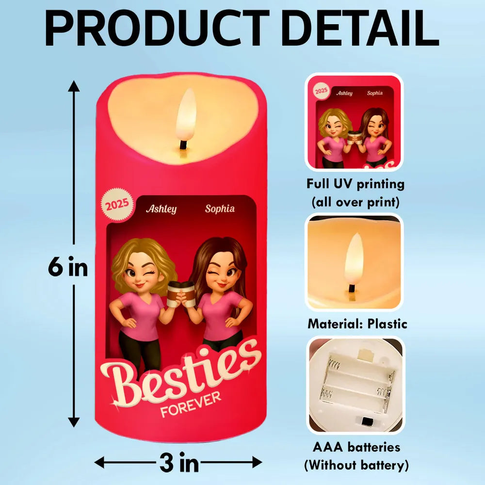 Besties Forever Flameless LED Candle | Warm Pink Glow | Printed Friendship Gift for Best Friends