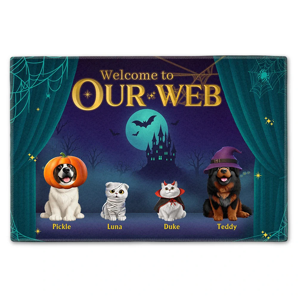 Halloween Pet-Themed Standard Doormat, “Welcome to Our Web” Personalized Dog & Cat Welcome Gift for Pet Lovers