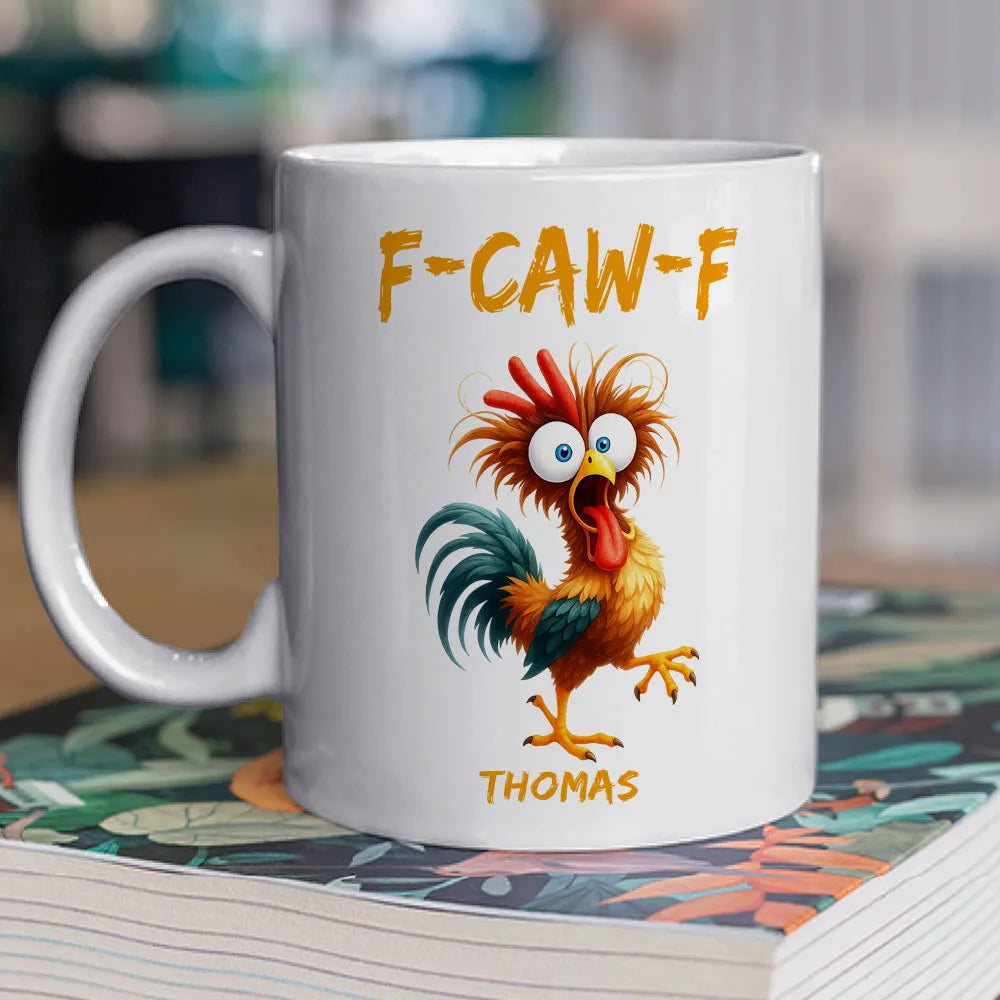 Personalized White Ceramic Mug with Funny Chicken Illustration, Unique Custom Gift for Coworker, Morning Coffee Mood Booster