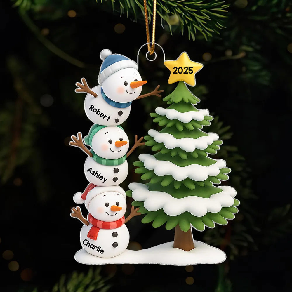 Snowman Family Acrylic Ornament, Customizable, Christmas Tree Scene, Layered Look, Unique Gift for Family & Kids