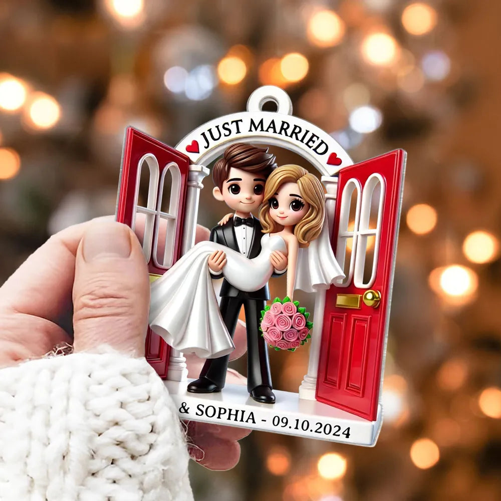 Personalized Acrylic Just Married Couple Ornament | Red Doorway Bride & Groom Carry | Customizable Date & Names