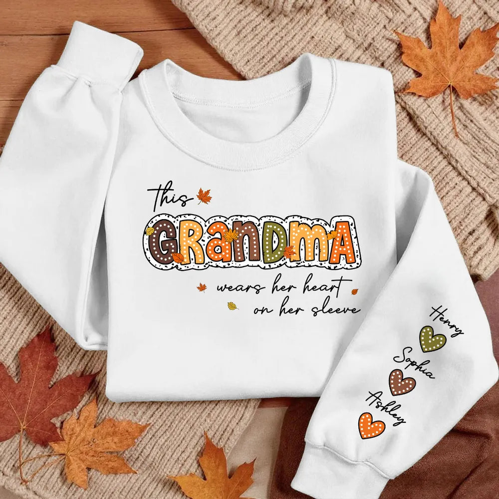 Grandma Pumpkin Themed Sweatshirt – “This Grandma Wears Her Heart on Her Sleeve” Cozy Gift for Grandma
