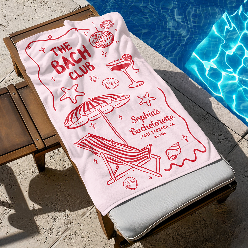 Personalized Beach Towel The Bride Club, Custom Girls Trip Poolside Gift with Retro Beach Icons for the Bride Squad