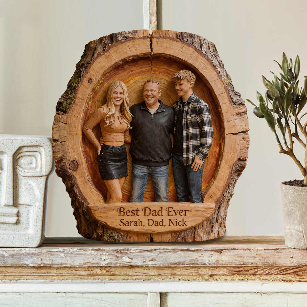Custom Best Dad Ever Wood Log Figurine, Personalized Family Portrait Statue for Black Dad, Rustic Tabletop Decor Gift