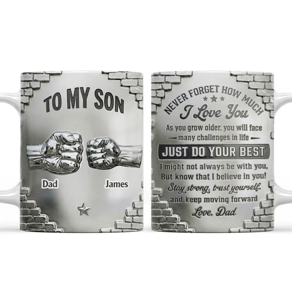 Personalized White Ceramic Mug With Fist Bump Design, To My Son Encouragement Message, Unique Gift From Dad