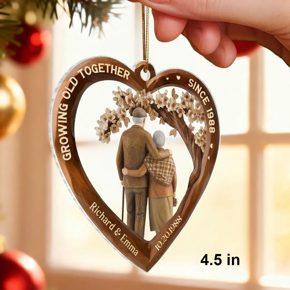 Personalized Heart Acrylic Ornament with Couple Hugging Under Blossoms, Unique Anniversary Gift for Husband or Wife