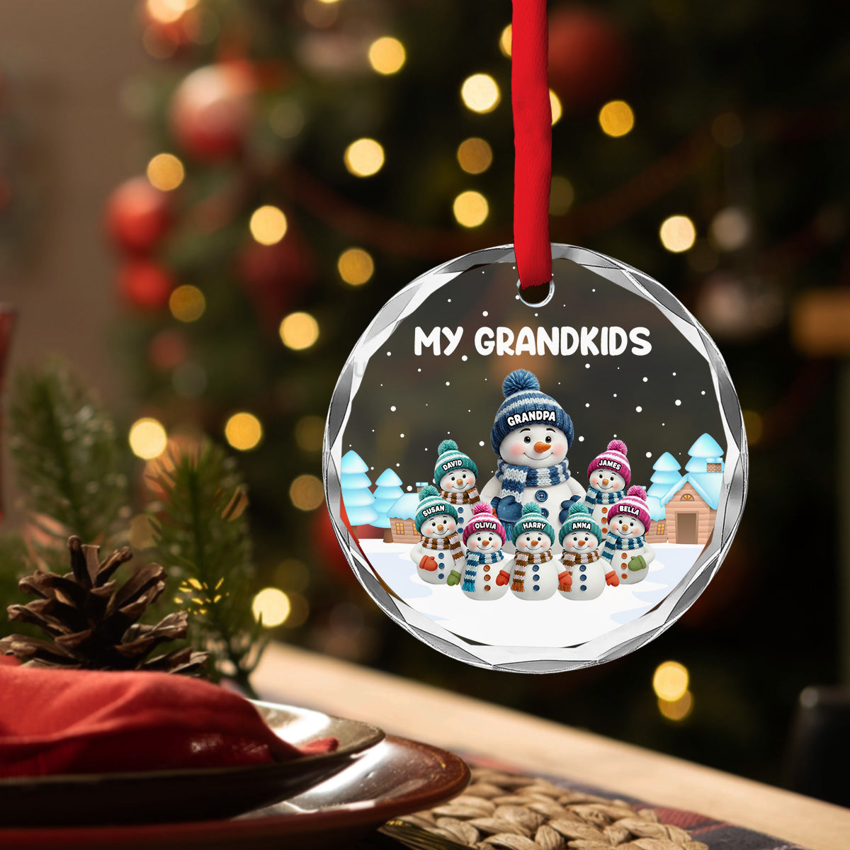 Crystal Ornament with Snowman Grandkids, Snowy Village Scene, customizable decor, heartfelt keepsake, unique gift for Grandma Grandpa