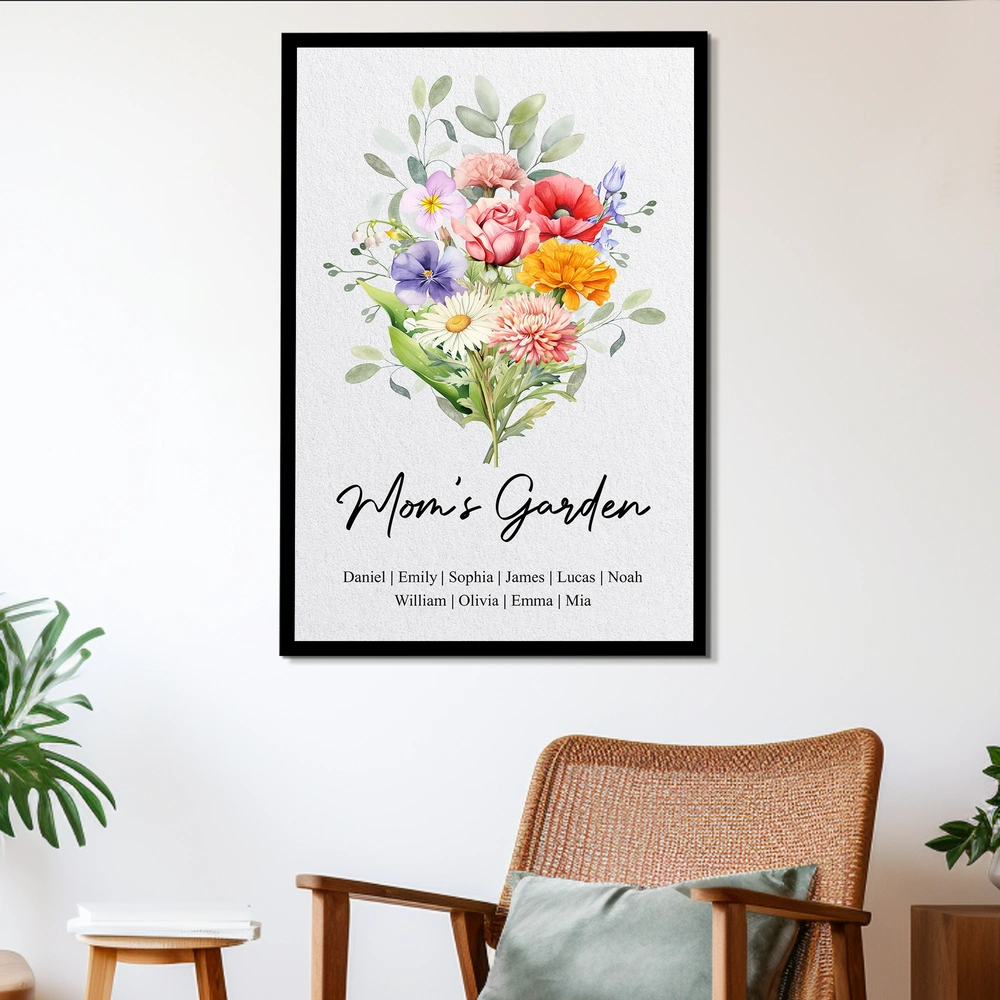Personalized Birth Flower Bouquet Poster for Mom's Garden - Watercolor Family Keepsake, Unique Gift for Mom or Grandma