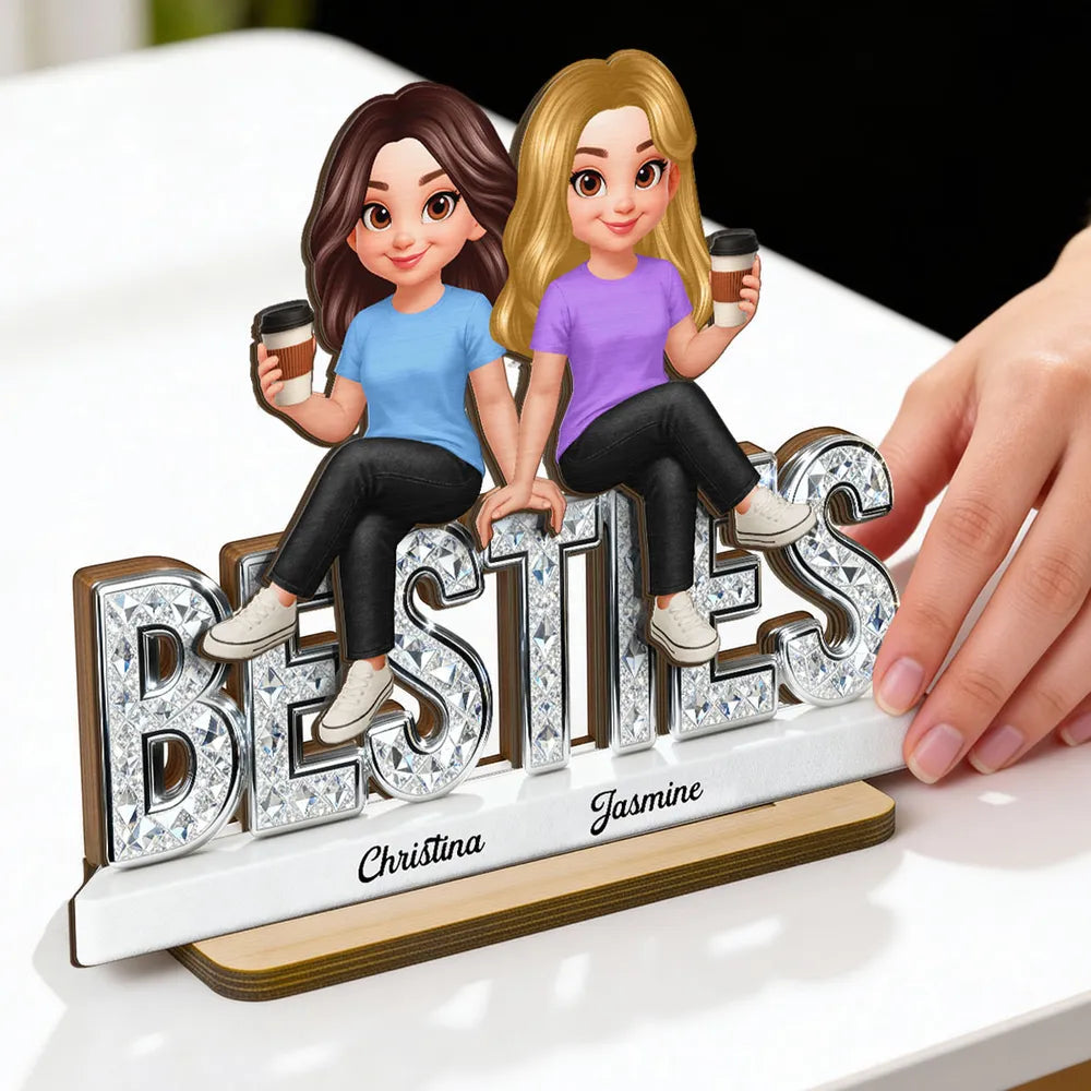 Personalized Besties 2-Layer Wooden Plaque, Cute Cartoon Best Friends Holding Coffee, Unique Gift for Best Friend