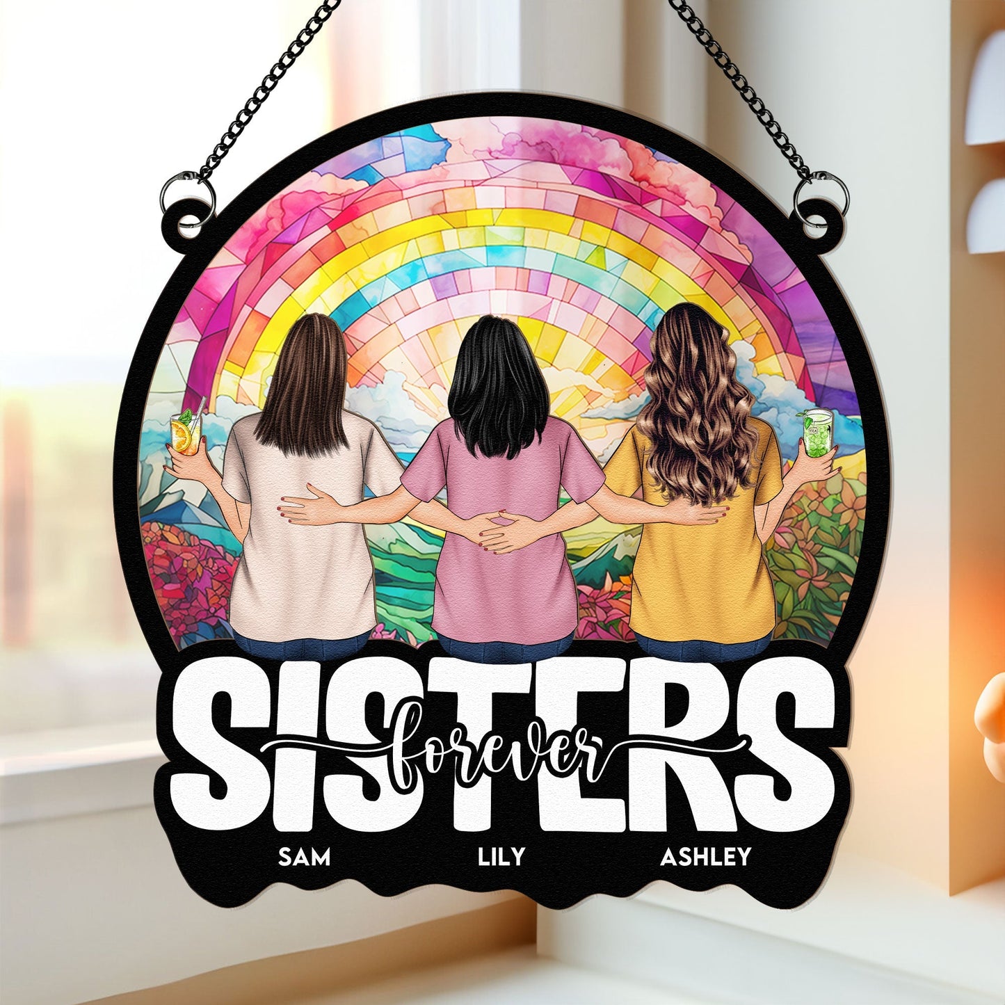 Sisters Forever – Personalized Wood and Acrylic Layered Ornament with Rainbow Design
