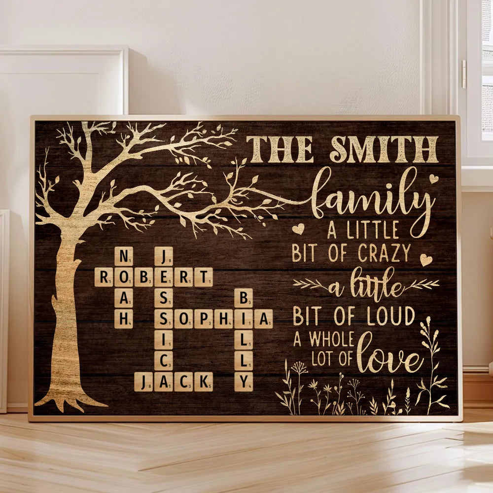 Custom Family Tree Poster with Name Crossword, Warm Wall Art Keepsake, Meaningful Housewarming or Christmas Gift