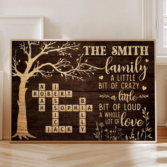 Custom Family Tree Poster with Name Crossword, Warm Wall Art Keepsake, Meaningful Housewarming or Christmas Gift