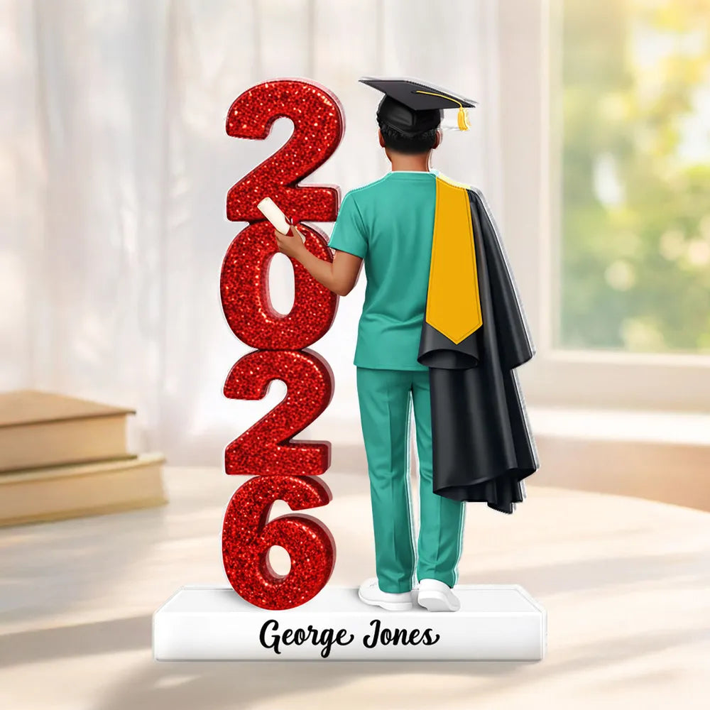 Personalized Shaped Acrylic Block Plaque Class Graduation Keepsake, Nurse Grad in Cap Holding Diploma, Unique Gift