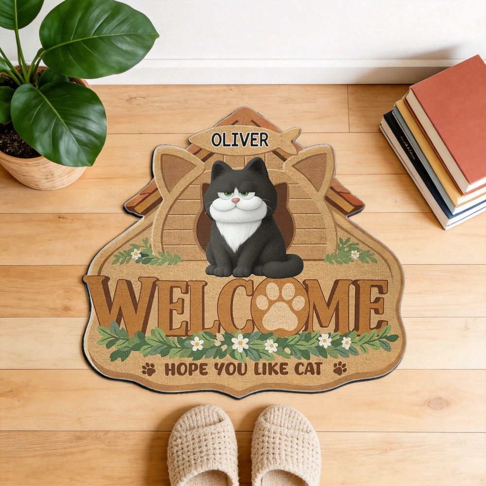 Personalized Shaped Doormat with Cat and Paw Print Welcome Home Gift for Cat Lovers, Cute Entryway Decor