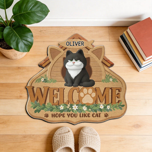 Personalized Shaped Doormat with Cat and Paw Print Welcome Home Gift for Cat Lovers, Cute Entryway Decor