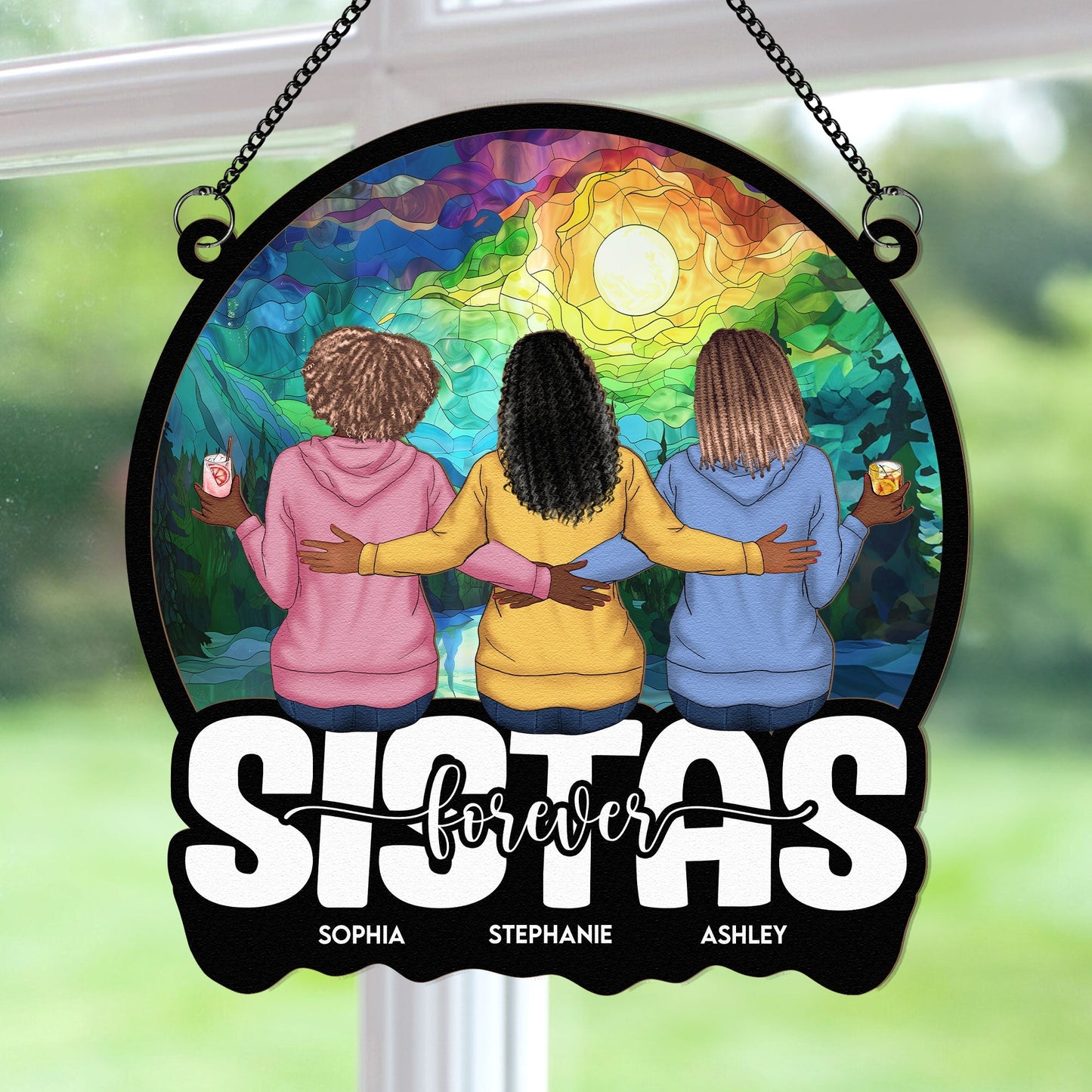 Sisters Forever – Personalized Wood and Acrylic Layered Ornament with Rainbow Design