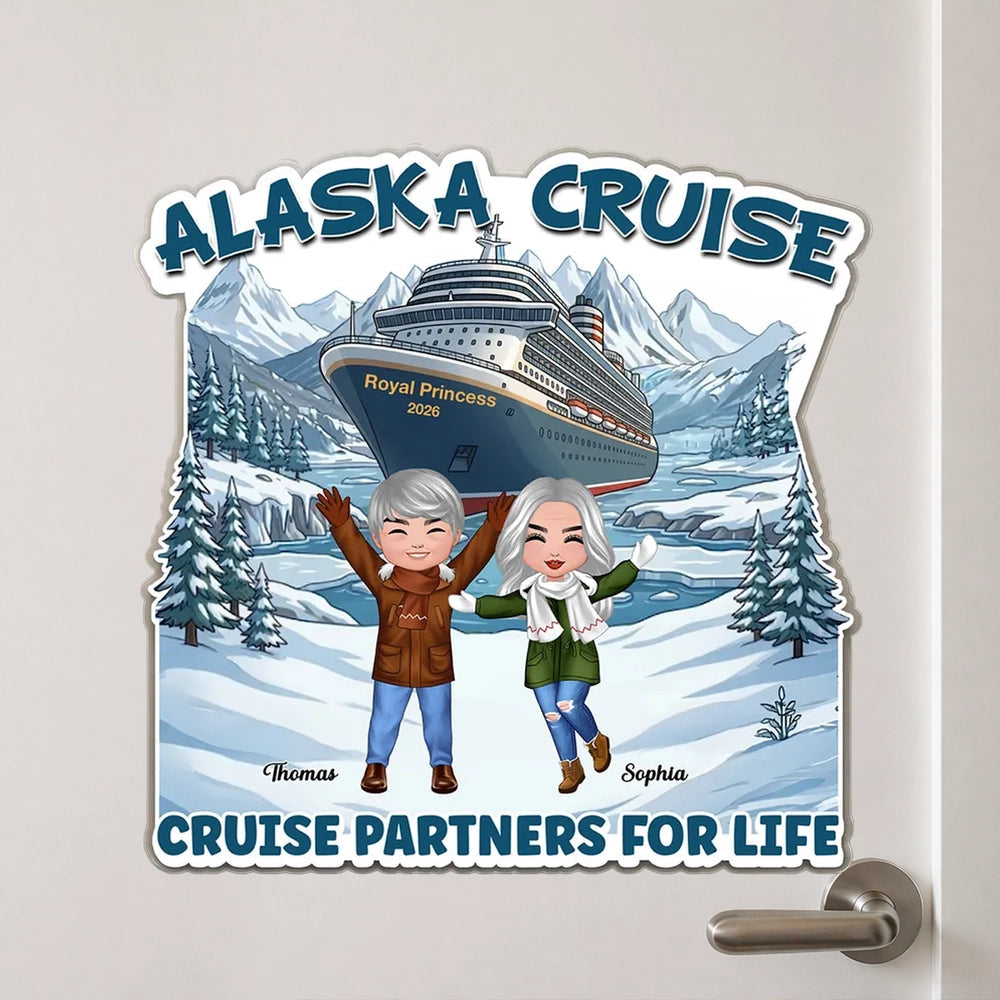 Personalized Alaska Cruise Acrylic Magnet for Couples, Cartoon Waving in Snowy Mountains, Unique Travel Gift