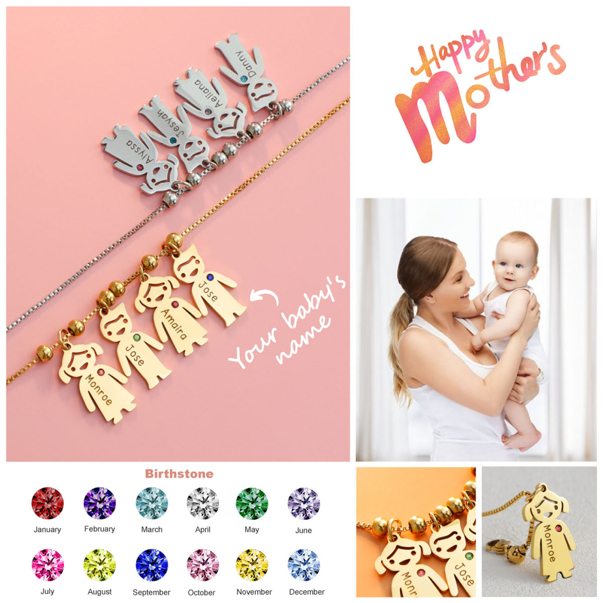 Necklace With Kids Charms Custom Birthstone - Personalized Mother Necklace With Kids Charms