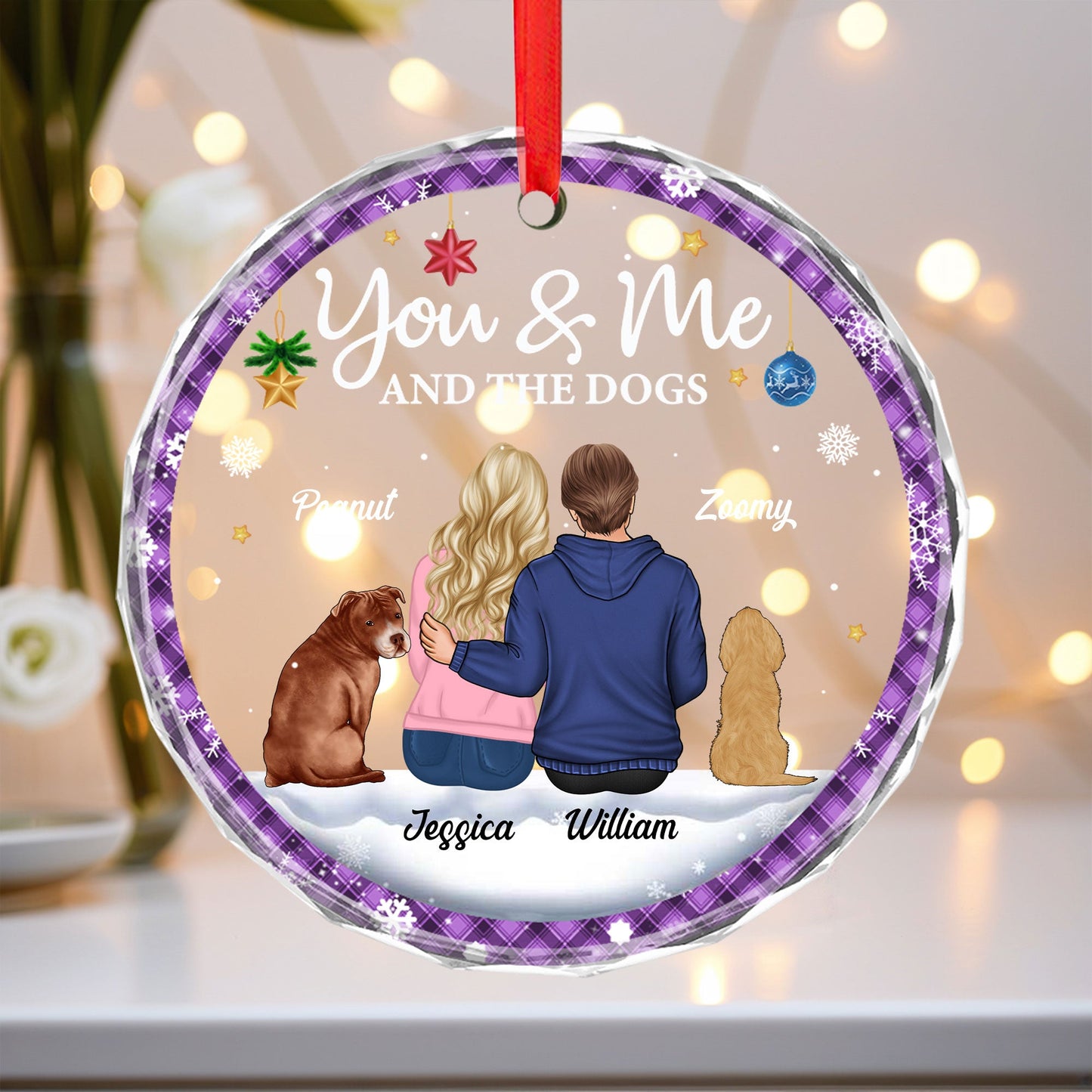 Personalized Christmas Ornament - "You & Me & The Dogs" Crystal Circle Design
