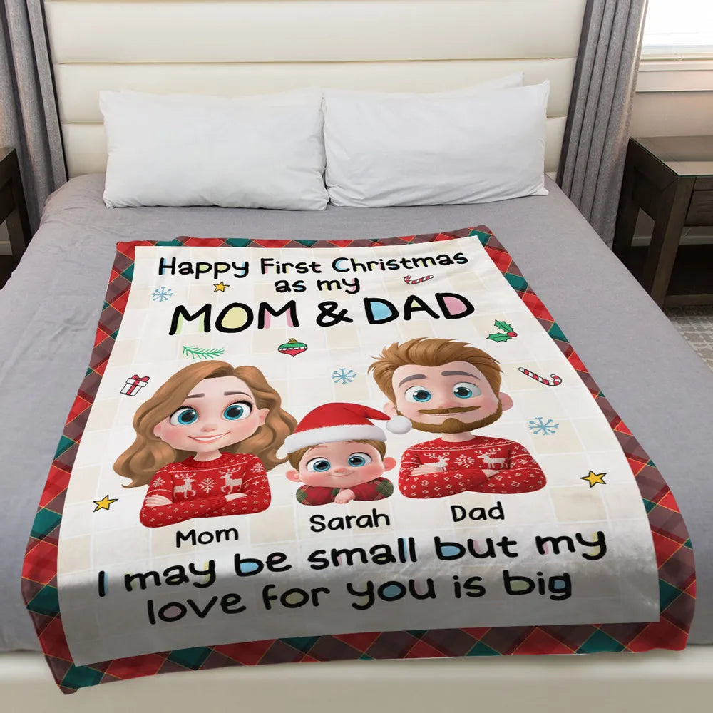 Personalized First Christmas Mom & Dad Fleece Blanket, Cute Cartoon Family, Cozy Keepsake, Unique New Baby Gift