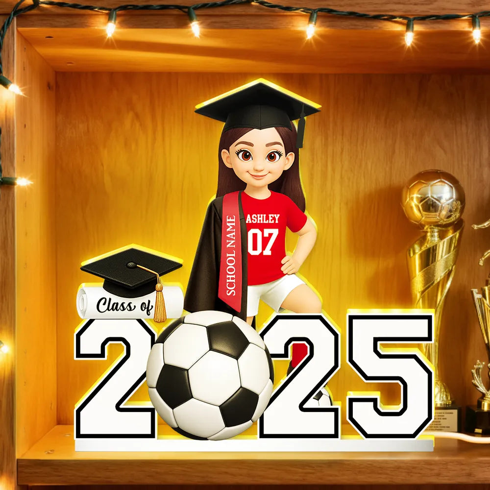 Custom Class Acrylic Light Box with Graduation Cap and Soccer Theme, Warm Atmosphere Lamp for Bedroom or Bookshelf, Memorable Gift