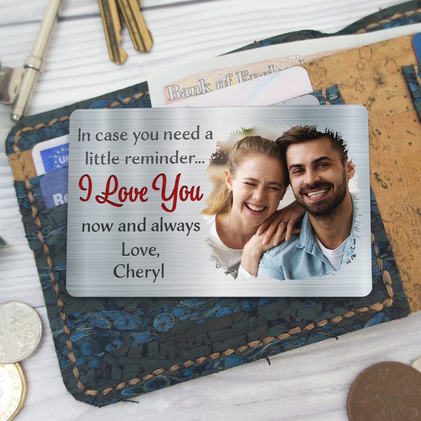 "I Love You" Custom Wallet Card – Engraved Love Message with Photo