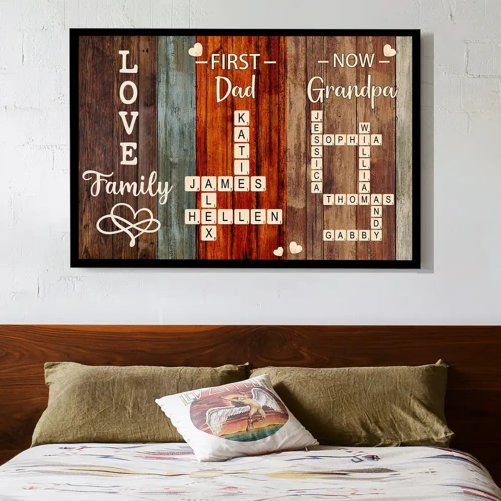 “First Dad, Now Grandpa” Rustic Crossword Poster – Personalized Family Names, Father’s Day Wall Art