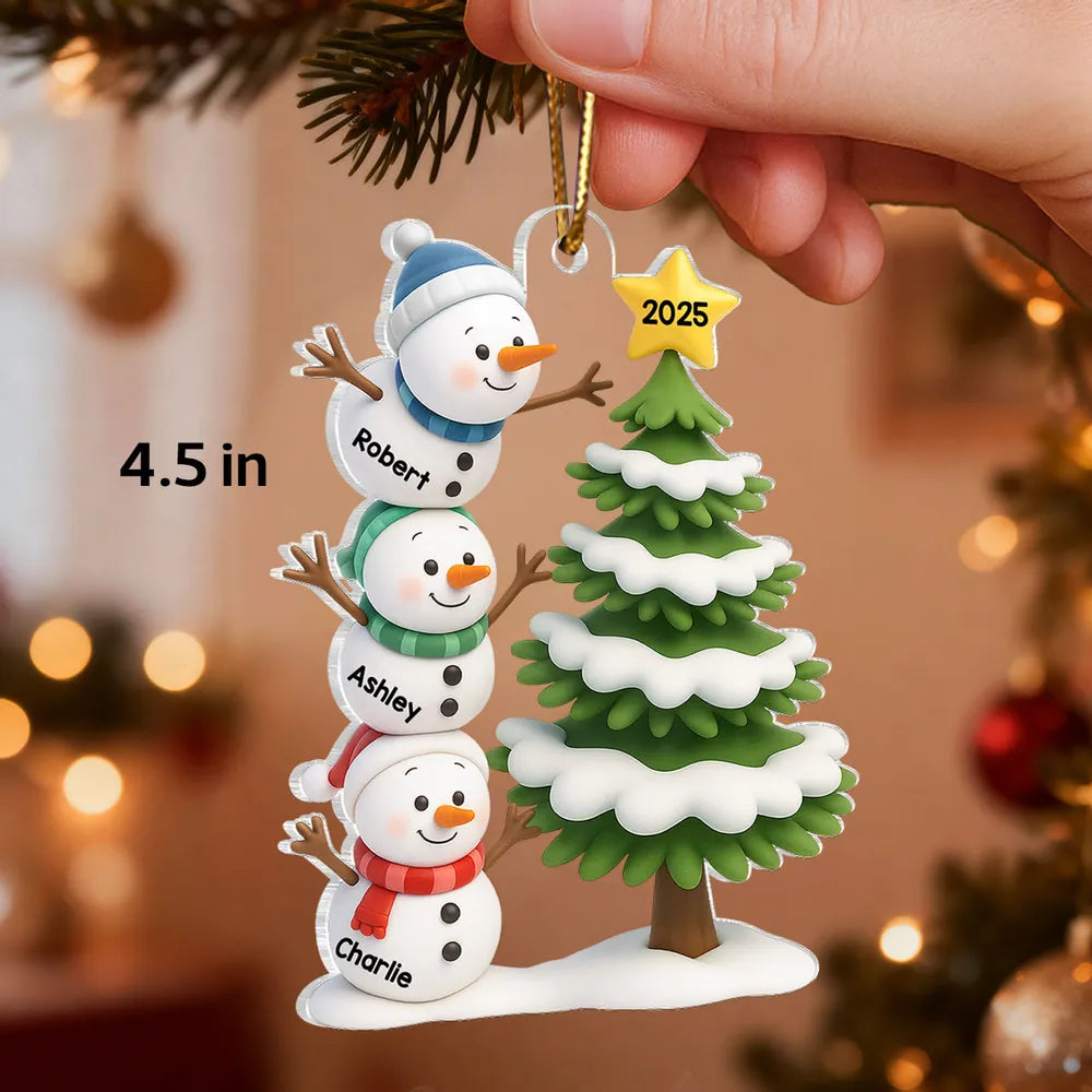 Snowman Family Acrylic Ornament, Customizable, Christmas Tree Scene, Layered Look, Unique Gift for Family & Kids