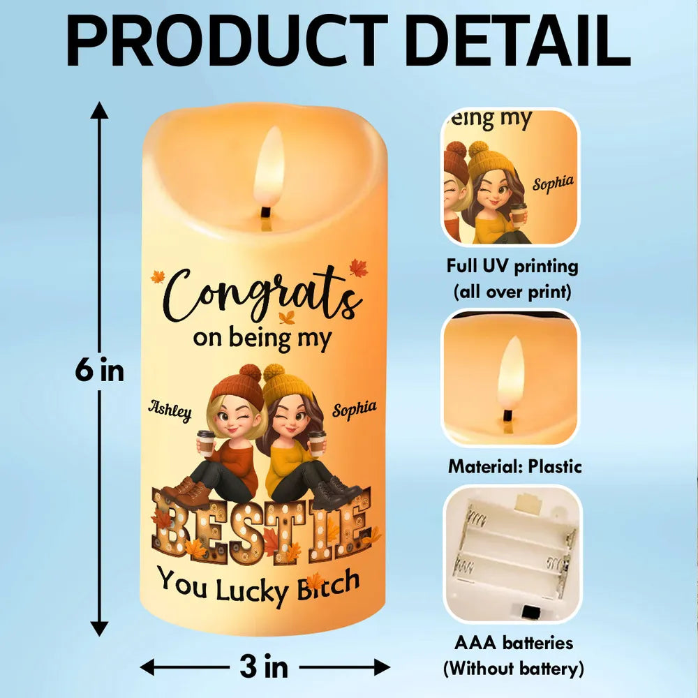 Flameless LED Candle with Besties Design, Cozy Autumn Ambience Light, Gift-Ready Keepsake for Friendship