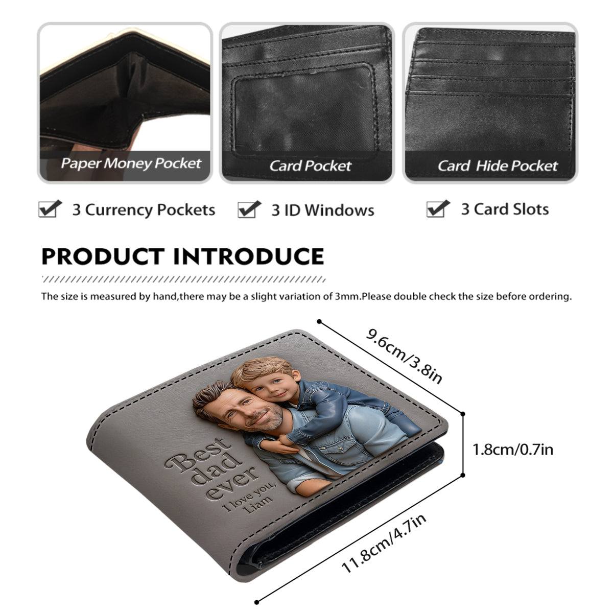 Custom 3D Photo Embossed Leather Wallet for Black Dad- Personalized Best Dad Ever Bi-fold Wallet, Custom Father's Day Gift