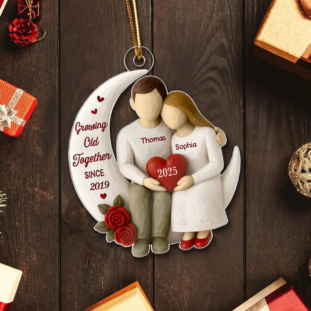 Acrylic Ornament with Crescent Moon Couple & Roses, Romantic Quote, Christmas Keepsake, Unique Gift for Couples
