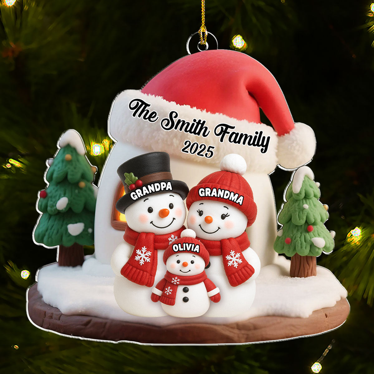 Snowman Family Ornament - Personalized Acrylic, Cozy Winter Scene, Unique Christmas Gift for Grandparents or Parents