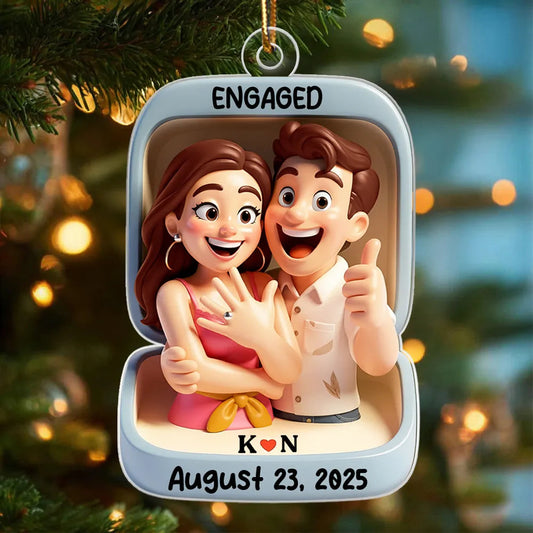 Acrylic Ornament With Engaged Couple Illustration Personalized Holiday Keepsake A Sweet Unique Gift For Couples