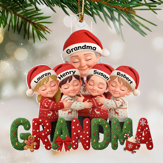 Grandma & Grandkids Acrylic Ornament, Santa Hats Hugging Design, Christmas Tree Decor, a unique gift for Grandma