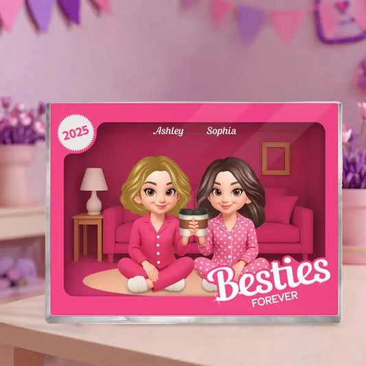 Rectangle Acrylic Block Plaque with Besties Forever Theme, Pajama Illustration, Clear Finish, Perfect Surprise Gift for Friends