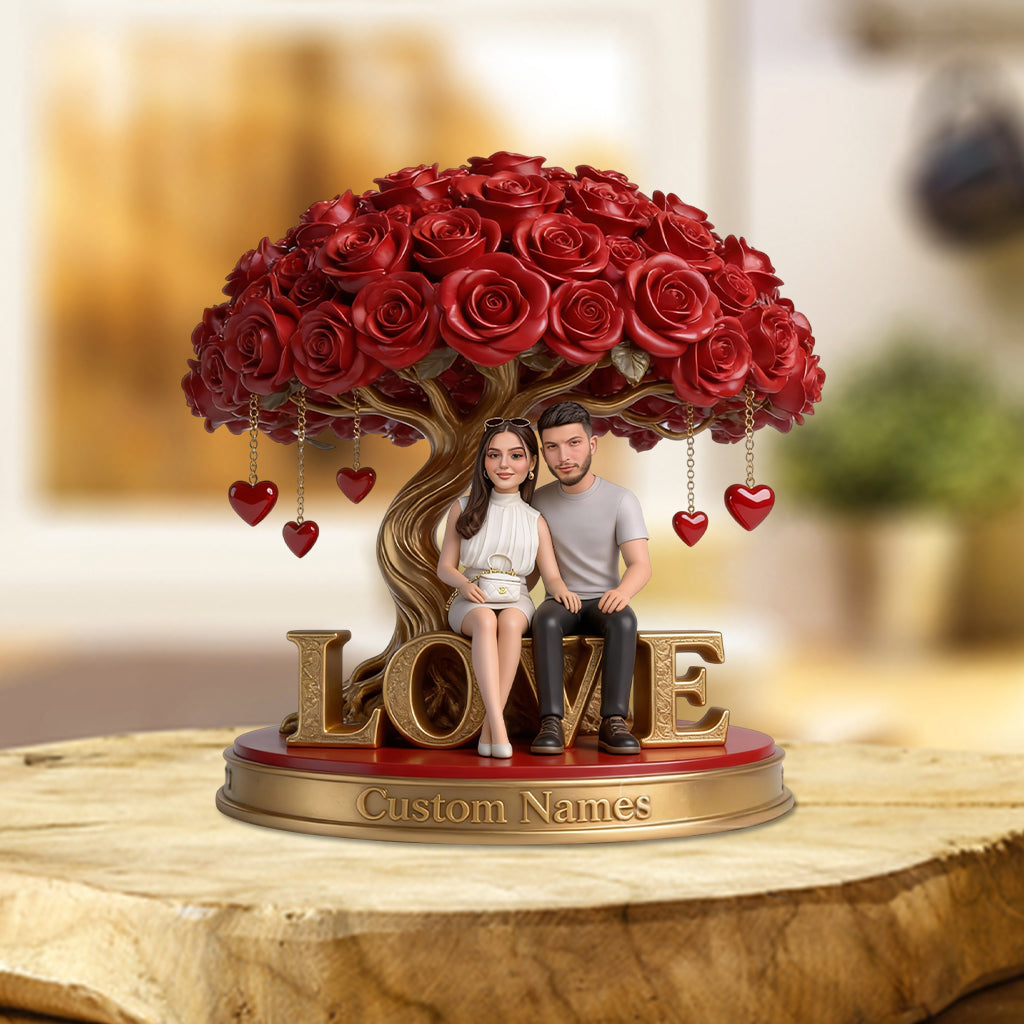 Custom Senior Black Couple Figurine Statue, Engraved Anniversary Gift, Personalized Red Rose Tree Sculpture Romantic Home Decor