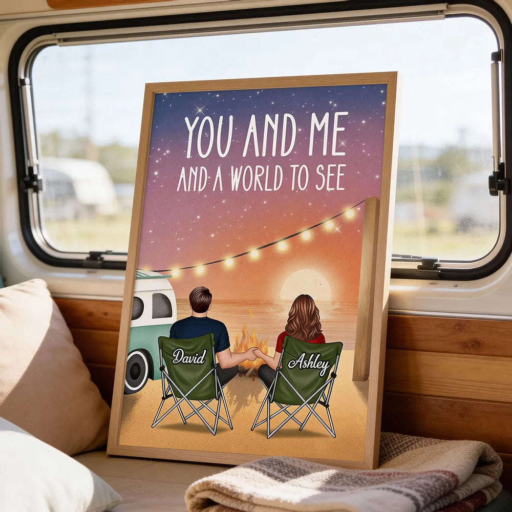 Romantic Personalized Poster of a Couple Holding Hands by a Beach Campfire, Starry Sunset Wall Art, Unique Gift for Couples