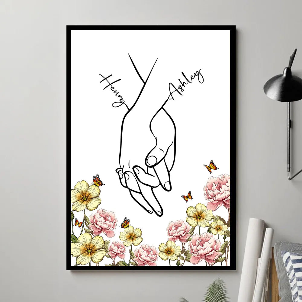 Personalized Couple Hand-Holding Line Art Poster with Floral Butterflies, Modern Minimal Wall Decor, Unique Gift for Him or Her