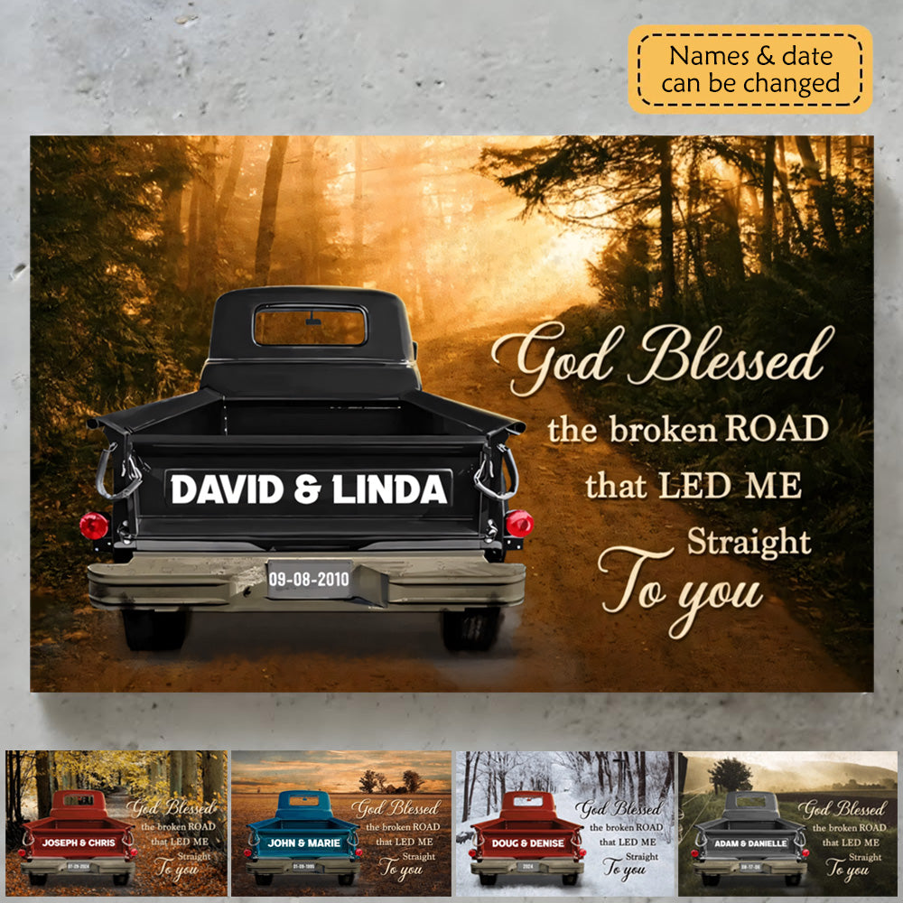 Vintage Truck Poster - 'God Blessed the Broken Road' Forest Art, Personalized Gift for Couples, Wedding or Anniversary