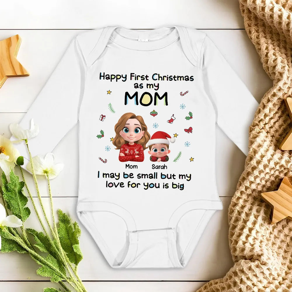 Long Sleeve Baby Onesie, First Christmas with Mom, Cute Cartoon Print, Cozy Holiday Outfit, Unique Gift for Mom & New Parents