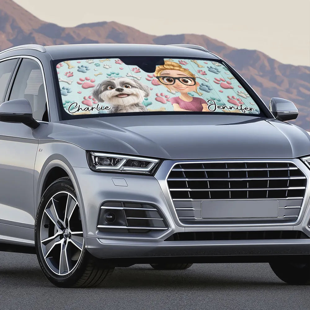 Custom Dog & Owner Windshield Sunshade – Paw-Print Car Accessory for Pet Lovers