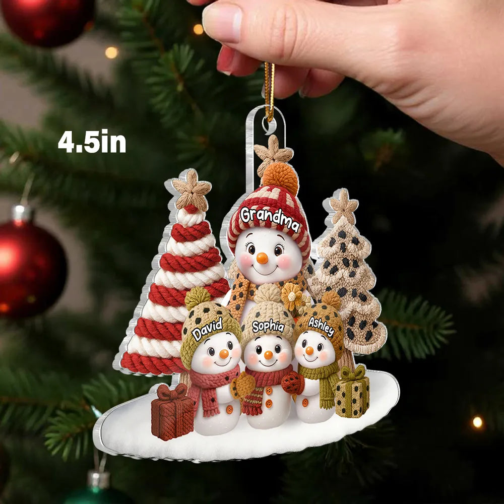 Acrylic Ornament Snowman Grandma & Grandkids, Embroidered-Effect Christmas Tree Decor, Unique Gift for Grandma