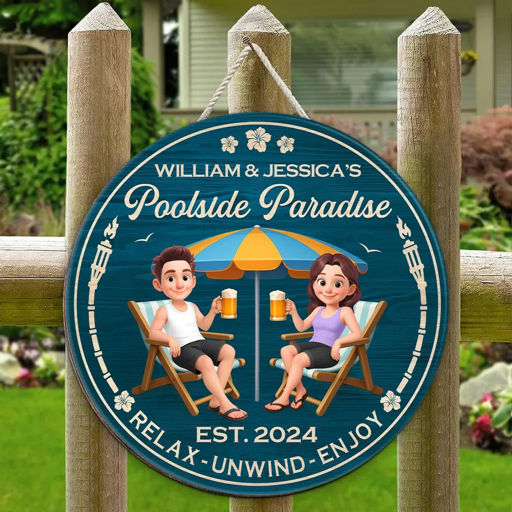 Poolside Paradise Wooden Sign – Personalized Couple Design, Romantic Backyard Gift for Lover