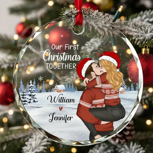 Crystal Ornament with Romantic Couple Illustration, Cozy Holiday Vibes, Perfect Gift for Couples