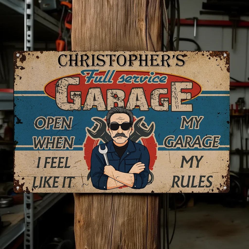 Personalized Rectangular Iron Sign, Retro Full Service Garage Cartoon Mechanic, My Garage My Rules, Unique Gift