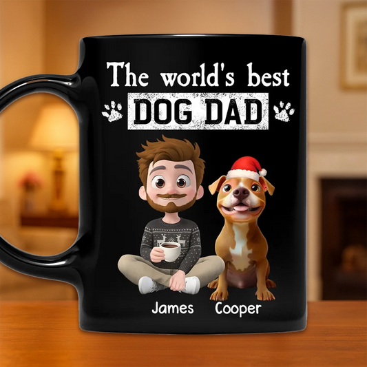Dog Dad Mug - World's Best design, cartoon man & dog with Santa hat, personalized, creative Christmas gift for Dad