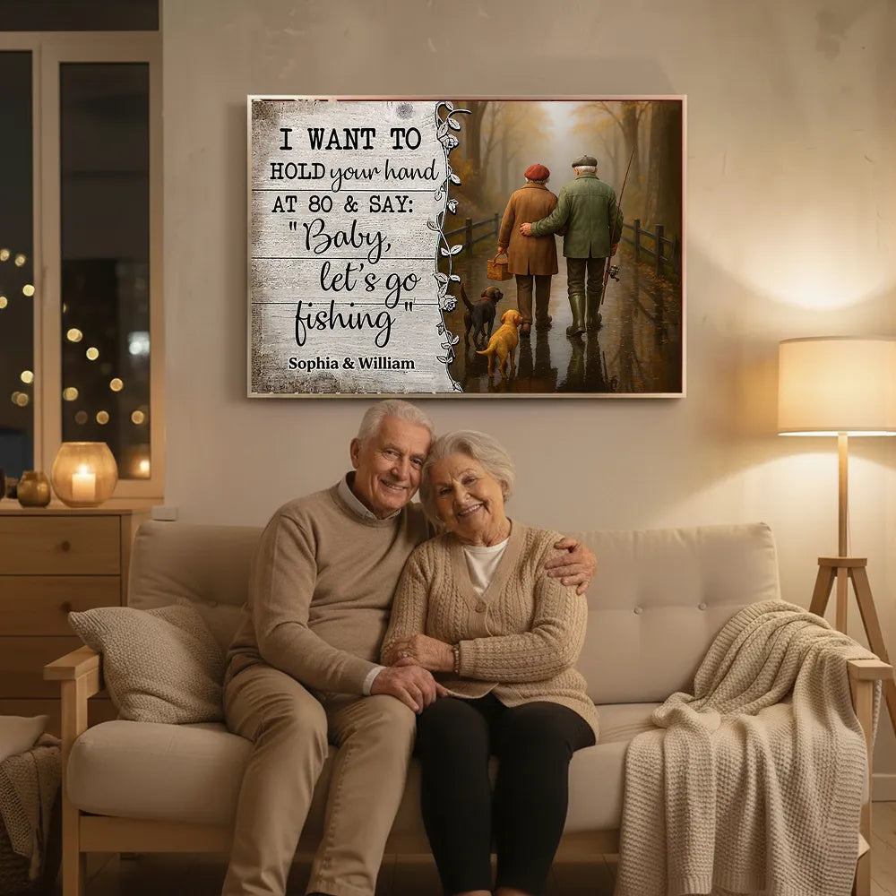 Personalized Couple Fishing Poster with Dogs – Romantic Wall Art for Living Room, Unique Gift for Him or Her